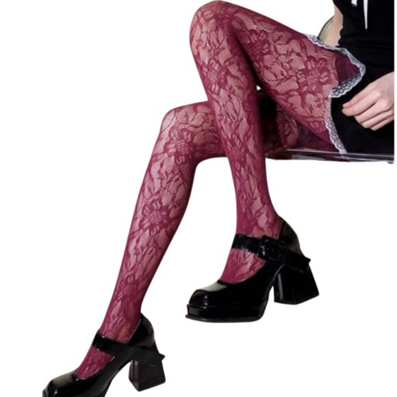 Other - Burgundy Seamless Floral Fishnet Tights